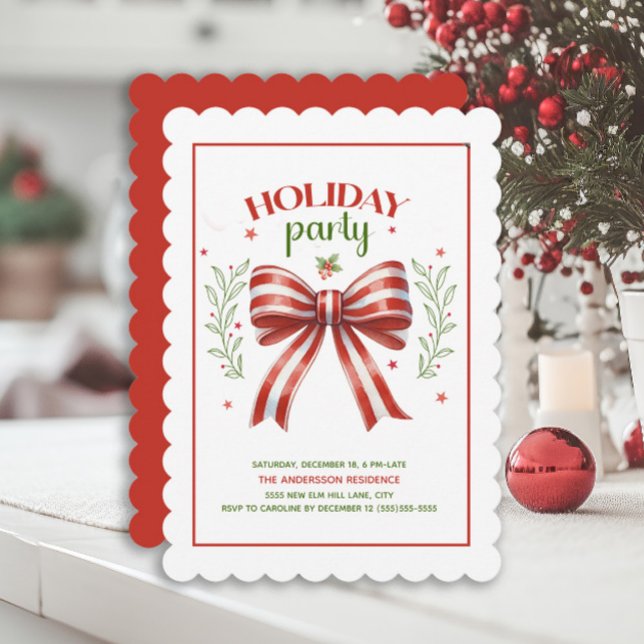 Coquette Bow Red Green Holiday Party Einladung (Red and white striped bow Holiday party invitation)