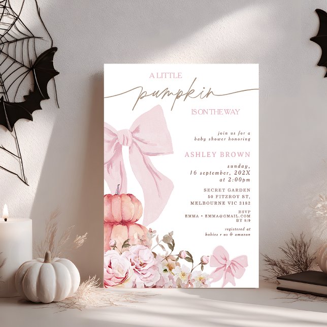 Coquette Bow rose Floral Baby shower Invitation (Editable Pink Bow Pumpkin Girl Baby Shower Invitation, Little Pumpkin Baby Shower Invitation Girl)