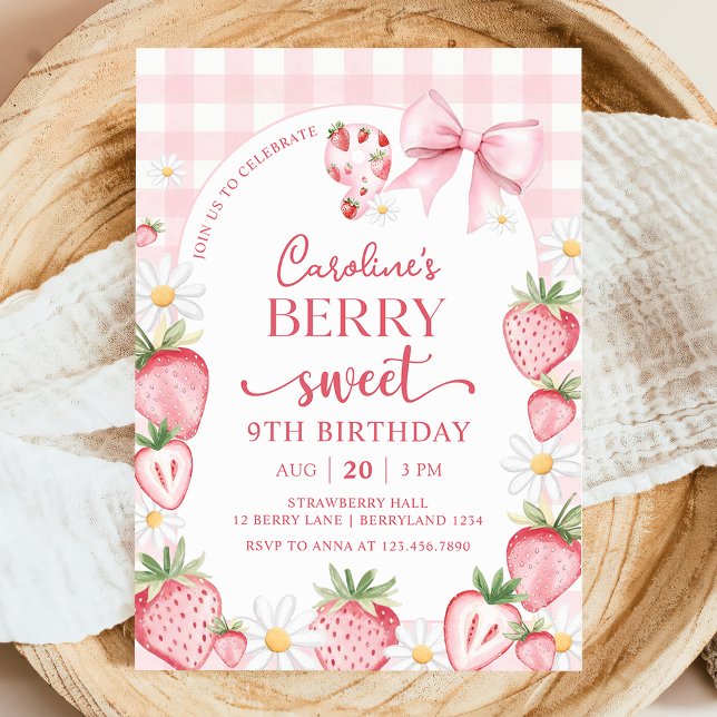 Coquette Bow Strawberry 9. Geburtstag Einladung (Von Creator hochgeladen)