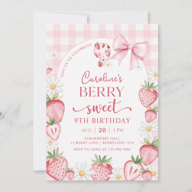 Coquette Bow Strawberry 9th Birthday Invitation (Devant)
