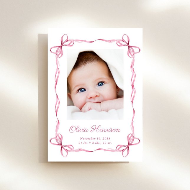 Coquette Bows Baby Girl Foto Birth Ankündigung (A beautiful and unique way to thank family and friends and introduce them to your precious  baby)