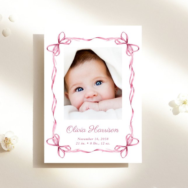 Coquette Bows Baby Girl Foto Birth Ankündigung (A beautiful and unique way to thank family and friends and introduce them to your precious  baby)