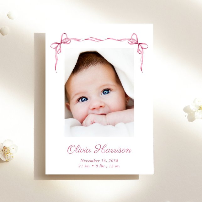 Coquette Bows Foto Collage Baby Girl Birth Ankündigung (A beautiful and unique way to thank family and friends and introduce them to your precious  baby)