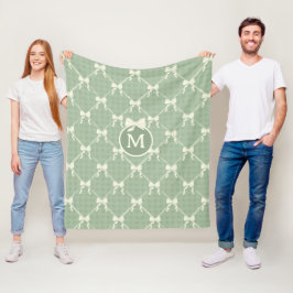 Coquette Bows Gingham Monogram Cream Sage Green  Fleecedecke