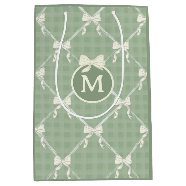 Coquette Bows Gingham Monogram Cream Sage Green  Mittlere Geschenktüte (Vorderseite)