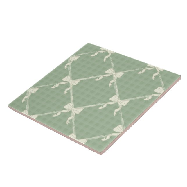 Coquette Bows Gingham Pattern Cream Sage Green  Fliese (Seite)