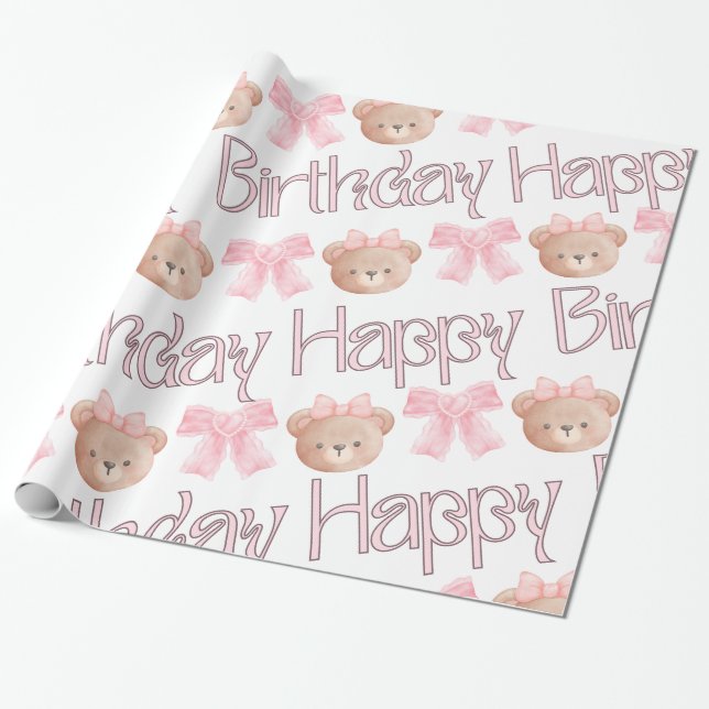 Coquette Bows & Teddy Bear - Happy Birthday Geschenkpapier (Ungerollt)