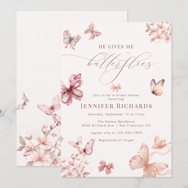 Coquette Butterfly | Elegantes Brautparty Einladung (Vorne/Hinten)