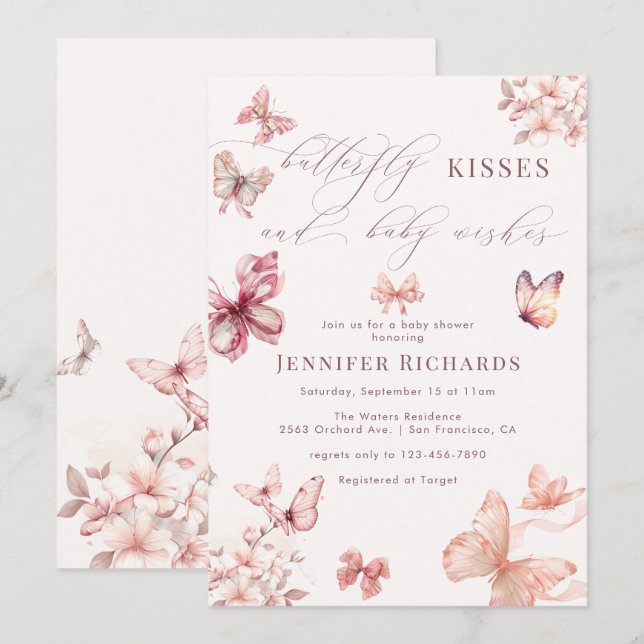 Coquette Butterfly | Pink Baby Girl Dusche Einladung (Vorne/Hinten)