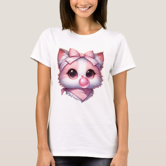Coquette Cat Pink Bow Ribbon Bandanna Bubble Gum T-Shirt (Vorderseite)
