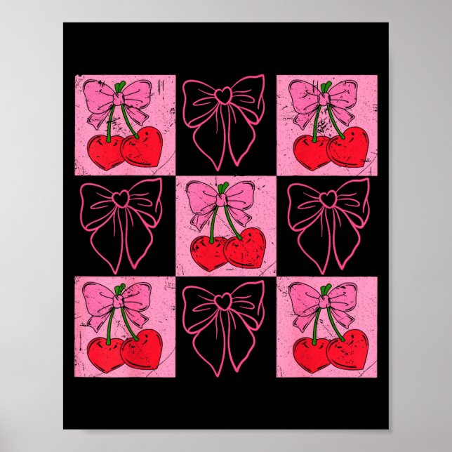 Coquette Checkred Pink Bow And Red Cherries Valent Poster (Vorne)