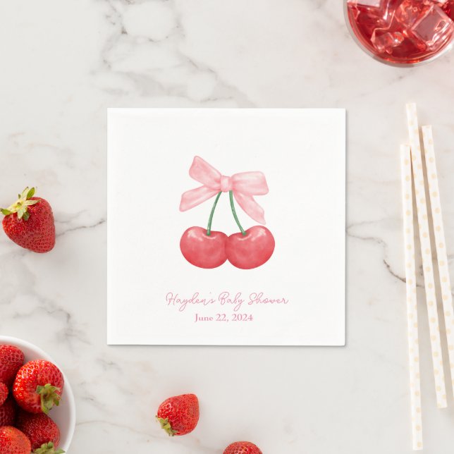 Coquette Cherries Pink Bow Personalisiert Napkin Serviette (Beispiel)