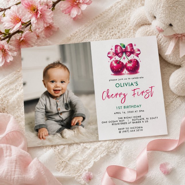 Coquette Cherry 1. Geburtstag Einladung (Watercolor Coquette Cherry 1st Birthday Invitation)