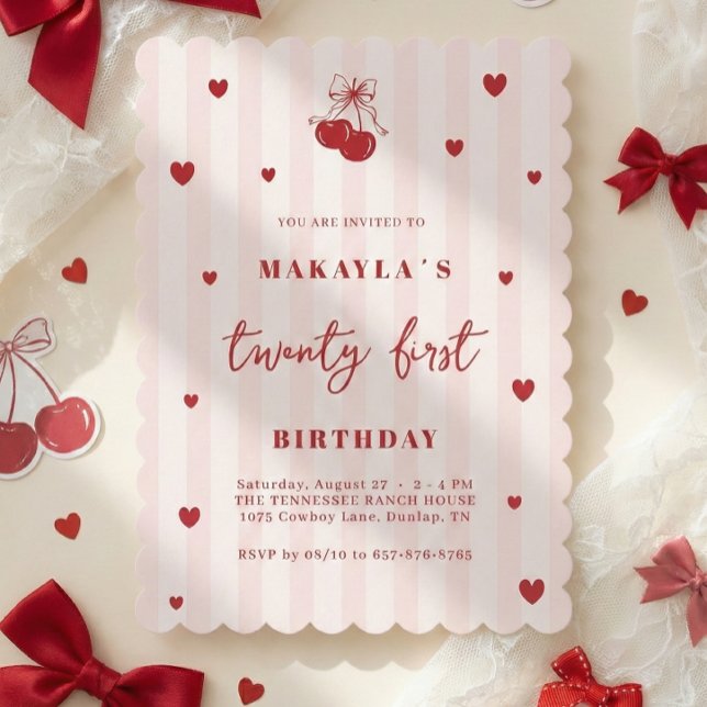 Coquette Cherry 21st Heart Aesthetic Birthday Einladung (Von Creator hochgeladen)