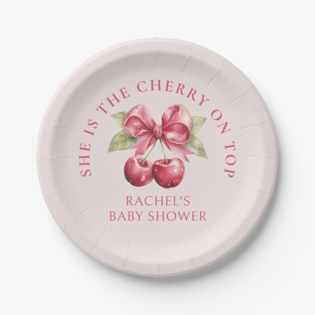Coquette Cherry auf Top Baby Dusche Papier Teller (Vorderseite)