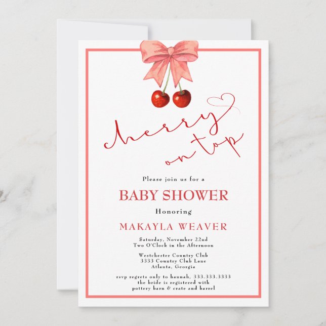 Coquette Cherry auf Top Baby Girl Dusche Einladung (Vorderseite)