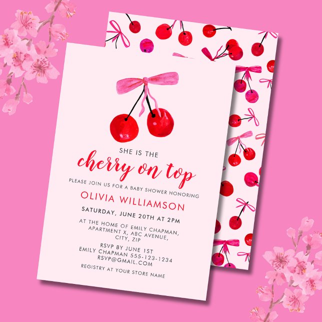 Coquette Cherry auf Top Girls Baby Dusche Einladung (Cherry on Top Baby Shower invitation with coquette cherries and pink ribbon bow)