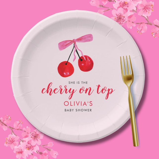 Coquette Cherry auf Top Girls Baby Dusche Pappteller (Cherry on Top Baby Shower  paper plate with coquette cherries and pink ribbon bow)