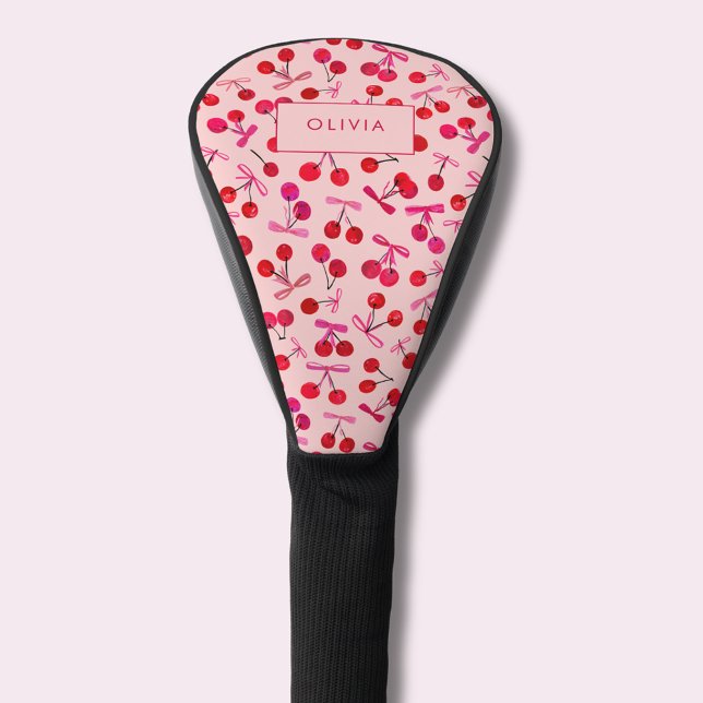Coquette Cherry & Bow Golf Headcover (Coquette cherry & bow pattern pink golf head cover. Personalize with your own name or initials.)