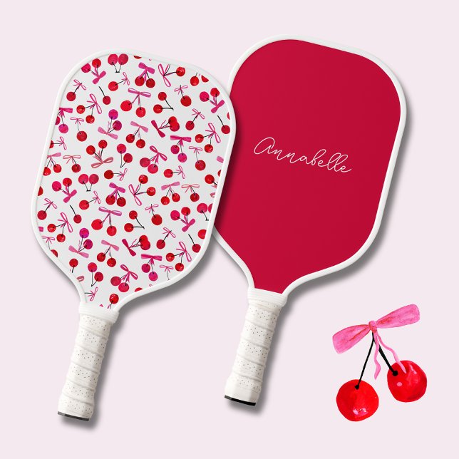 Coquette Cherry & bow pattern Pickleball Schläger (Coquette cherry and bow girly pattern personalized pickleball paddle.)