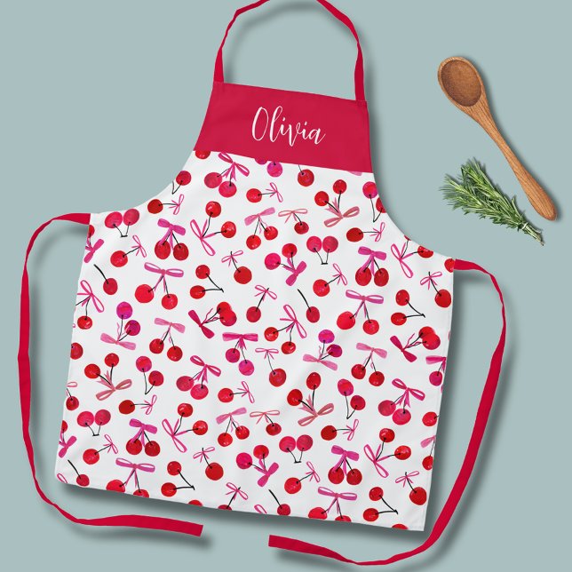 Coquette Cherry & bow pattern Schürze (Coquette cherry and bow girly pattern kitchen apron.  Personalize with your own name or initials.)