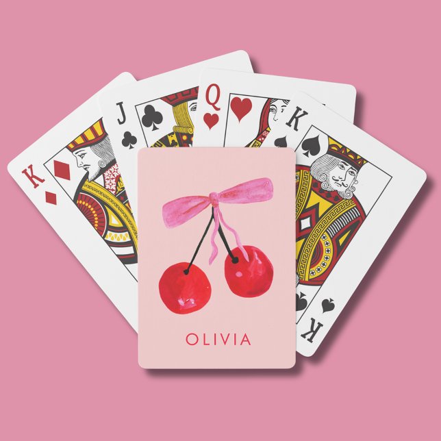 Coquette Cherry & Bow Spielkarten (Coquette cherry and bow girly playing cards. Personalize with your own name or initials.)