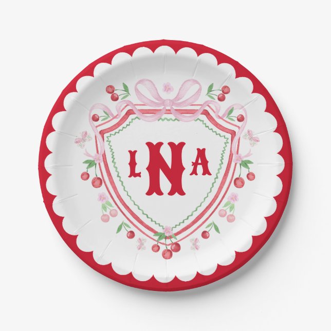 Coquette Cherry Monogram Wappen Brautparty Pappteller (Vorderseite)