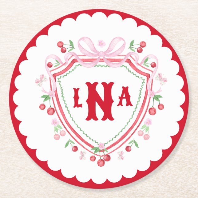 Coquette Cherry Monogram Wappen Brautparty Runder Pappuntersetzer (Vorderseite)