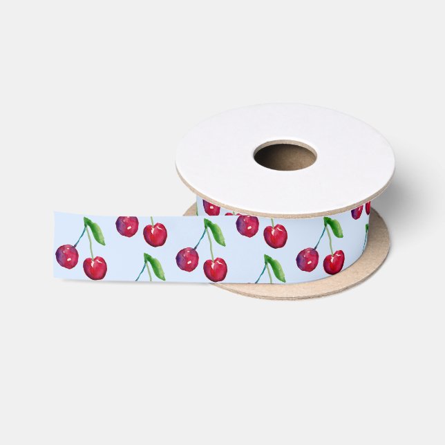 Coquette Cherry Niedlich Hand-Illustriert Sky Blue Satinband (Spule)