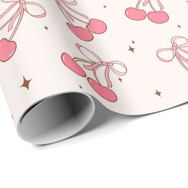 Coquette Cherry Pink Bow Girly Wrapping Paper Roll Geschenkpapier (Rolleneckpunkt)