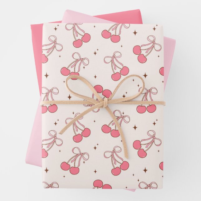 Coquette Cherry Pink Bow Wrapping Paper Sheet Set Geschenkpapier Set (Beispiel)