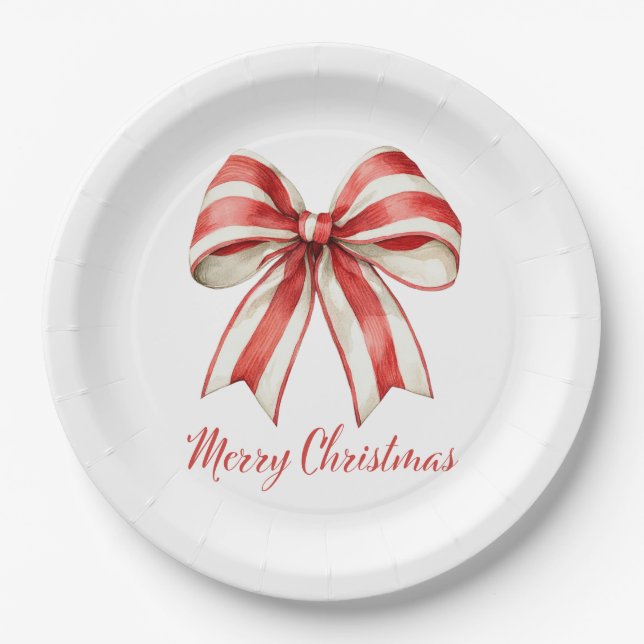 Coquette Christmas Red White Candy Cane Stripe Bow Pappteller (Vorderseite)