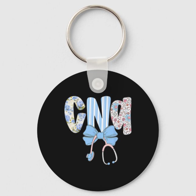 Coquette Cna Nurse Blue Floral Stethoscope Bow Cut Schlüsselanhänger (Vorderseite)