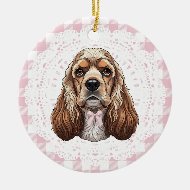 Coquette Cocker Spaniel Dog Pink Gingham Bows Keramik Ornament (Vorne)