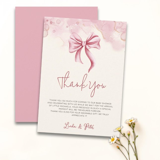 Coquette Cream Pink Bow Girl Baby Shower Dankeskarte (Von Creator hochgeladen)
