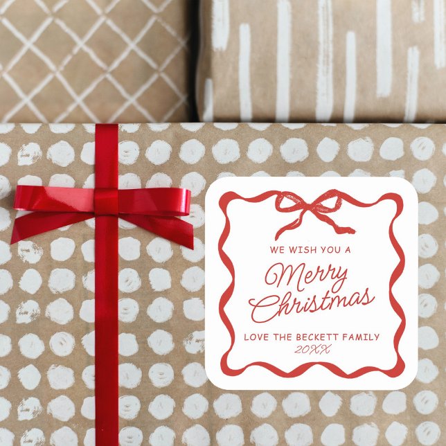 Coquette Curvy Ribbon & Bow Retro Merry Christmas Quadratischer Aufkleber (Von Creator hochgeladen)