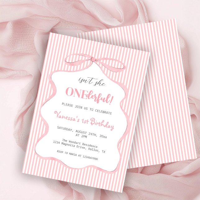 Coquette Cute Pink Bow Girl First Birthday Einladung (Von Creator hochgeladen)