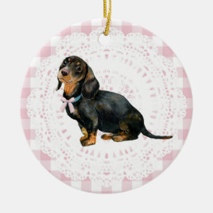 Coquette-Dachshund-Hund mit rosa Gingham-Schleifen Keramik Ornament