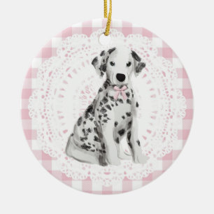 Coquette-Dalmater-Hund mit rosa Gingham-Schleifen Keramik Ornament