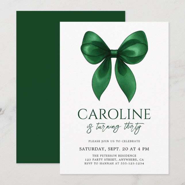 Coquette Elegant Emerald Bow Adult Birthday Party Einladung (Vorne/Hinten)