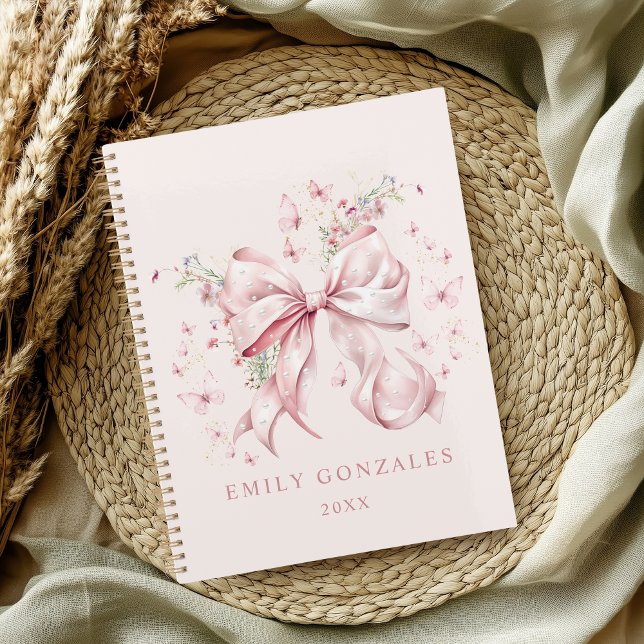 Coquette élégante Bow & Pearls Rose Personnalisée (Elegant Pink Bow & pearls coquette personalized planner notebook)