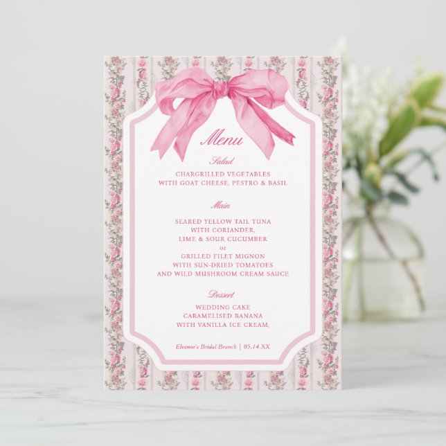 Coquette Floral Pink Bow Party Menü Einladung (Stehend Vorderseite)