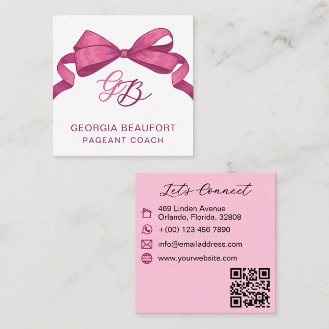 Coquette Fuchsia Bow Monogram Beauty QR Code Quadratische Visitenkarte (Vorne/Hinten)