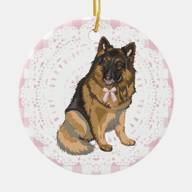 Coquette German Shepherd Dog Pink Gingham Bows Keramik Ornament (Vorne)