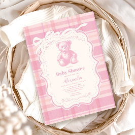 Coquette Gingham French Teddy Bear Baby Shower Einladung