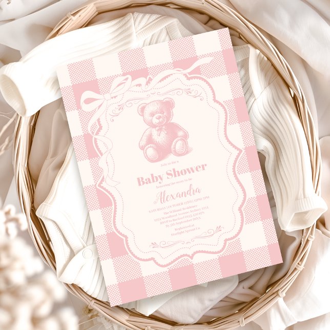 Coquette Gingham French Teddy Bear Baby Shower Einladung (Von Creator hochgeladen)