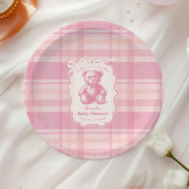 Coquette Gingham French Teddy Bear Baby Shower Pappteller