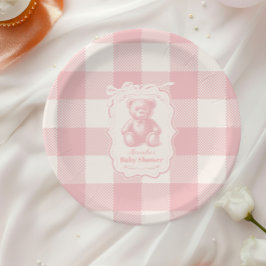 Coquette Gingham French Teddy Bear Baby Shower Pappteller