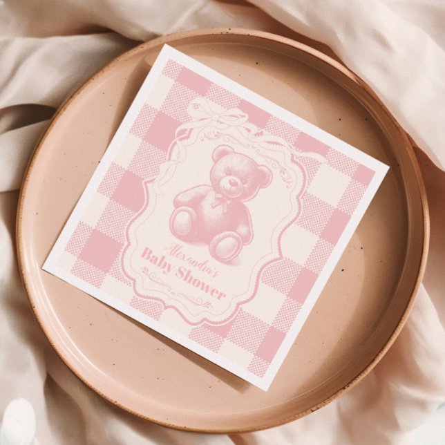 Coquette Gingham French Teddy Bear Baby Shower Serviette (Von Creator hochgeladen)