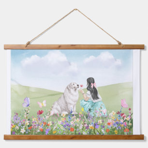 Coquette Girl and Dog Spring Meadow Tapestes Wandteppich Mit Holzrahmen